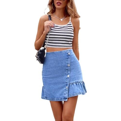 Summer casual Women Mini Denim Skirts High Waist Asymmetrical A-Line Ruffle Short Jean Skirts