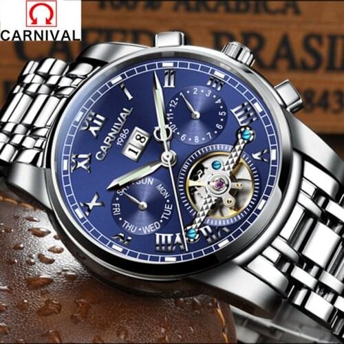 Relojes Mecanicos Carnival Mens Automatic Mechanical Watch Tourbillon Males Skeleton Wrist Watches Quality Gift Box Wristwatches