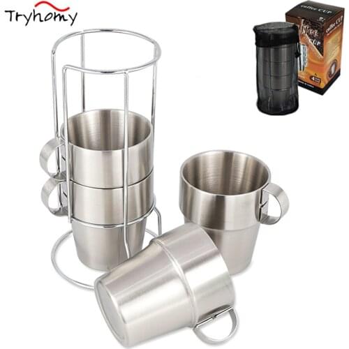 4 Pcs Outdoor Stainless Steel Camping Mug Cup Set with Stand Holder Whiskey Wine Double Wall Tableware Coffee Tea Picnic Cup Mug