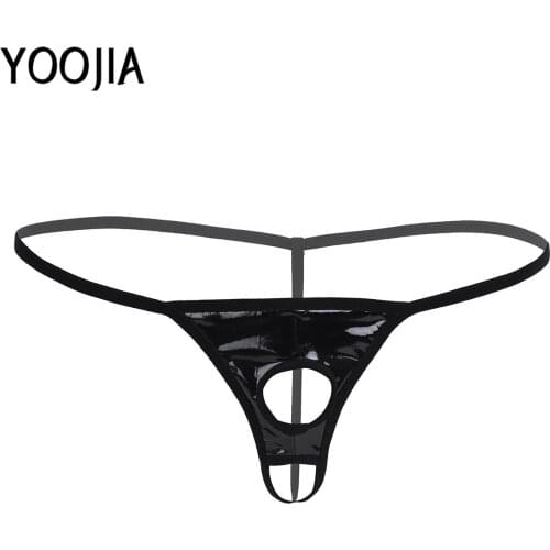Mens Patent Leather Lingerie G-string Underwear With Penis Hole Elasticated Waistband Bikini panties For Lingerie Night