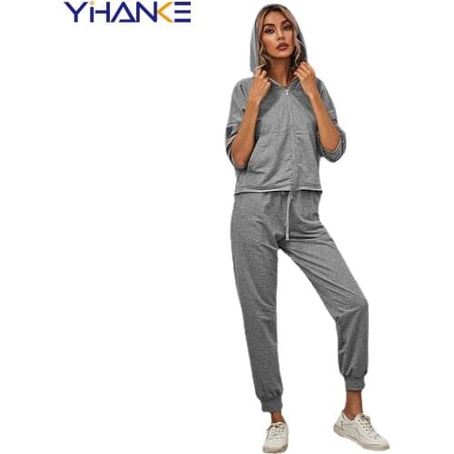 Autumn and Winter New Womens Solid Color Long-sleeved Hooded Cardigan Casual Sweater Two-piece Fashion Sports Suit