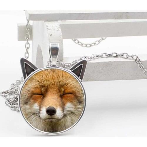 Wholesale fashion new cute cat ear pendant glass round fox face necklace children jewelry gift