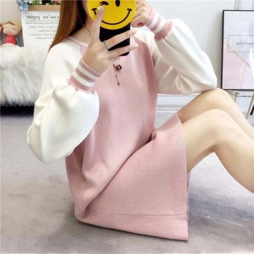 Autumn Winter Women Sweater Dress Loose Striped Patchwork Knitted Dresses Elegant Warm Long Sleeve Dress Female Vestidos SF1728