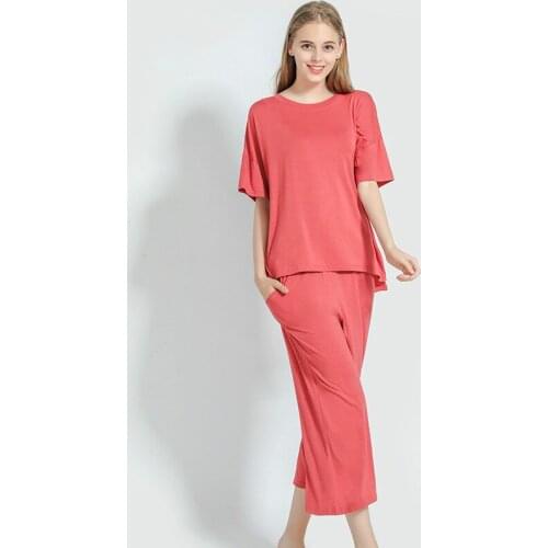 Womens Pyjamas Modal Sleepwear Suit Loose Pajamas Set Summer Short Sleeve Wide Leg Pants Two-piece Home Wear Female Pijama Mujer