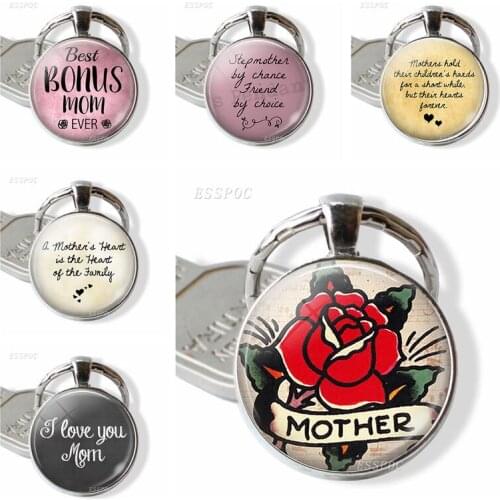 Mothers Day Gift,Red Rose Key Chain Round Glass Silver Plated Car Key Chain Man Women Fashion Jewelry Bag Pendant