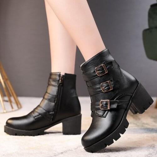 PXELENA Vintage Street Women Punk Rock Gothic Ankle Boots Buckle Zip Chunky Block Square High Heels Shoes Autumn Winter 34-43
