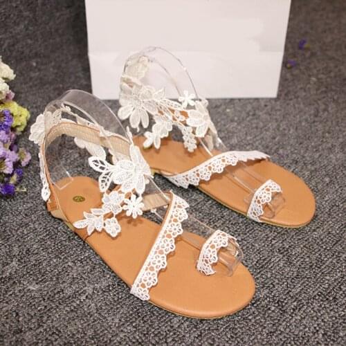 Open Toe Flower Flat Heel Sandals Woman Flat Lace Sandals White Bridal Peed Toe Summer Shoe Flat Beach Outdoor Sandals Ladies