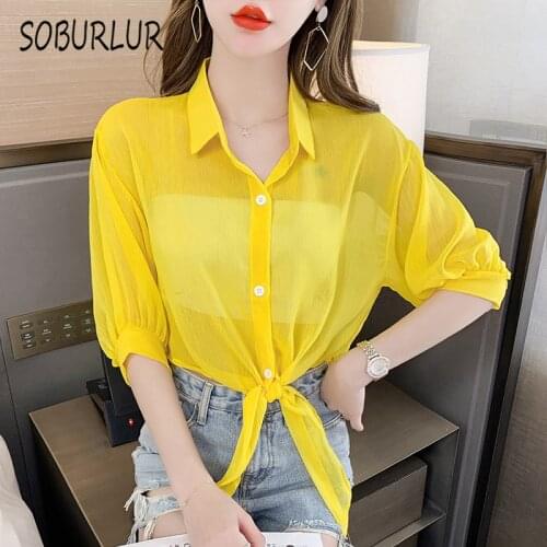 SOBURLUR Solid Color Chiffon Basic Blouses Womens Shirt Blousas Top Woman Oversized Casual Plus Size 2021 Summer New