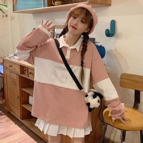 Women POLO Collar Cartoon Print Oversized Sweatshirt Women for Teen Girls Harajuku New Autumn Korean Kawaii Clothes Pullovers