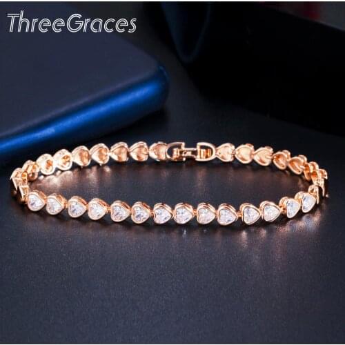ThreeGraces Sparkling Cubic Zirconia Gold Color Love Heart Shape Bracelets for Ladies Daily Party Female Costume Jewelry BR144