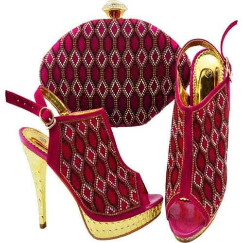 Africa Style PU With Rhinestone High Heels Shoes And Bag Matching Set New Fashion Woman Shoes And Bag Set For Wedding Party
