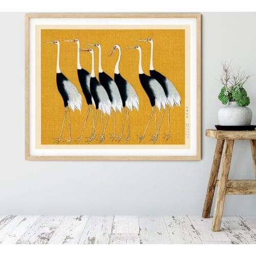 Yellow Birds Crane Print Japanese Oriental Art Coastal Poster Canvas Painting Vintage Wall Art Pictures Living Room Home Decor