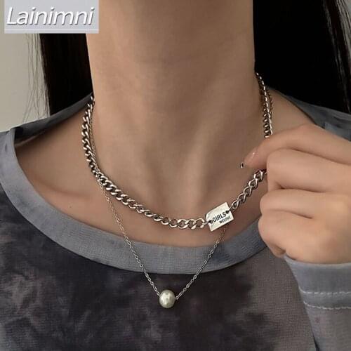 Hip Hop Steel Double-Layer Fake Pearl Titanium Steel Necklace Cool Thick Chain Stainless Steel Clavicle Chain for Women 2021