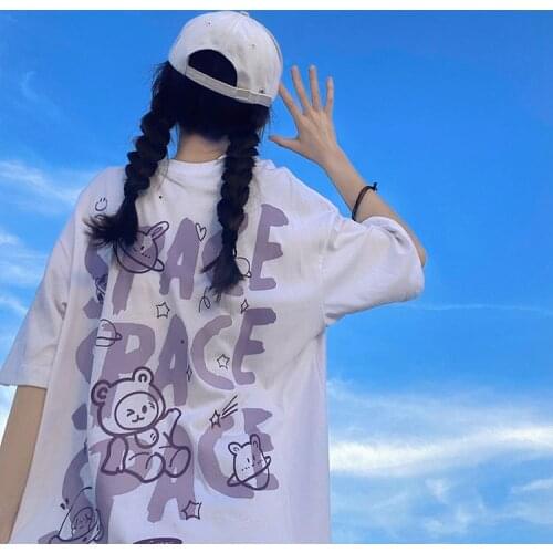 Space Bear White T-shirt Letter Print Short-sleeved Shirt Women Summer Pure Cotton Korean Style Oversize Loose Casual T-shirt