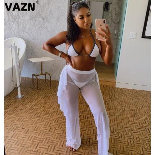 VAZN 2020 New Arrival Sexy Club Lace See Through Hollow Out Open Young Solid Women High Waist Long Wide Leg Pants