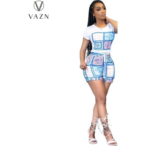 VAZN 2021 Modern Lady Vocation Beach Special Bandage 2 Piece Set Summer Women Short Sleeve Top And Mini Skirt