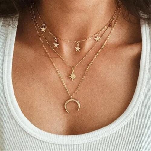 Gold Layered Crescent Necklace, Moon & Star Boho Jewellery, Layered Necklace, Minimalist Gift Set Pentagram Crescent 3JS3