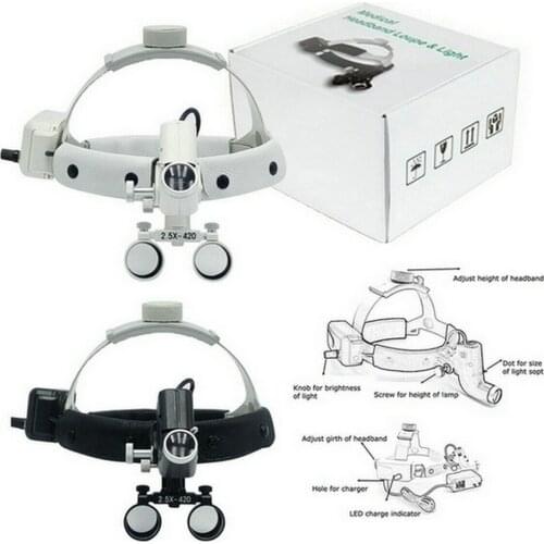 2.5X/3.5X Dental LED Surgical Operation Headlight Leather Headband Loupe with Light Black/White