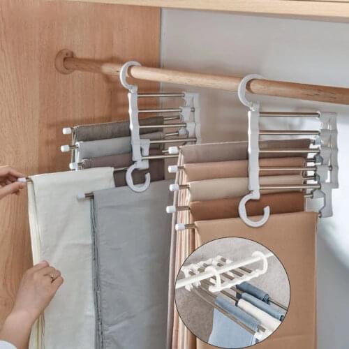 Multi-functional 5 in 1 Trouser Storage Rack Adjustable Pants Tie Storage Shelf Closet Organizer Stainless Steel Clothes Hanger