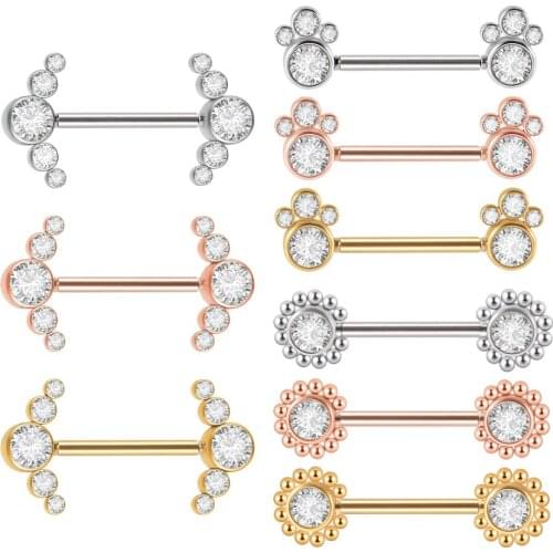 2pcs Nipple Barbell Piercing Stainless Steel Push In Cluster CZ Gem Nipple rings Shield 14mm Bar Sun 14g for women body jewelry