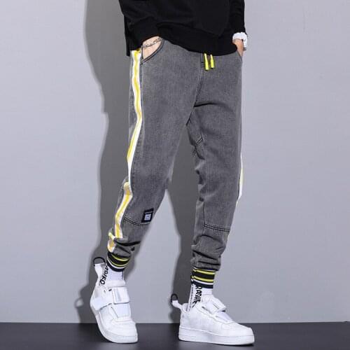 Black Denim Jeans Pants Men Jogger Striped Side Elastic Waist Autumn Jogging Clothes Korea Style Casual Harem Men Trousers 5XL