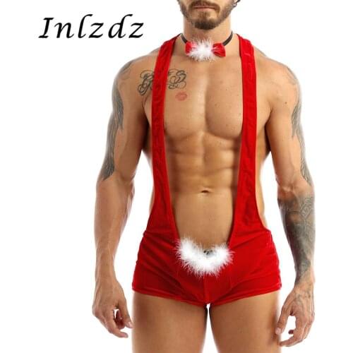 Mens Christmas Lingerie Sexy Wrestling Singlet Bodysuit Underwear with Bowtie Wide Shoulder Straps Racer Back Leotard Bodysuit
