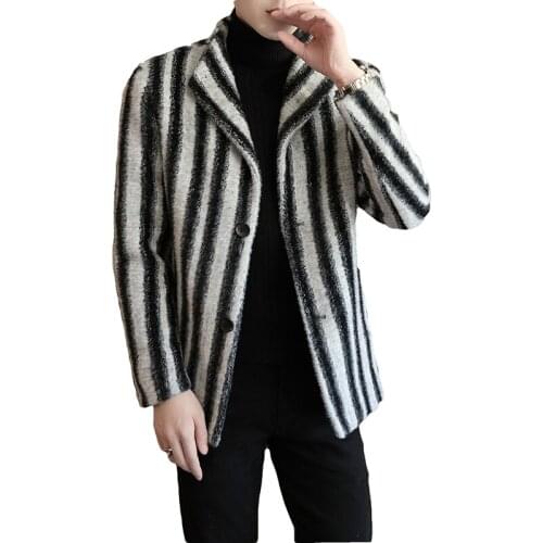 2021 new autumn winter mens fashion brand striped coat windbreaker lapel slim short wool coat thick coat woolen windbreaker men