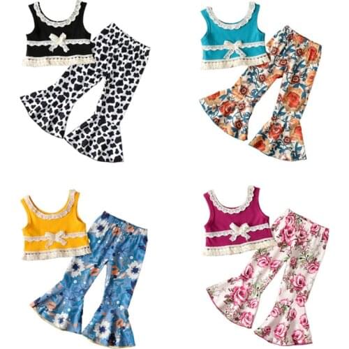 1-5T Summer Toddler Kid Baby Girls Clothes Set Lace Sleeveless Vest Top Floral Flare Pants Elegant Cute Fashion Outfits