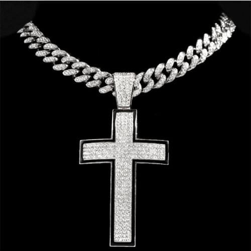 Hip Hip 12mm 20" Full Rhinestone Cuban Chain Choker Necklace With Cubic Zircon Cross Pendant Fashion Jewelry Dropshipping