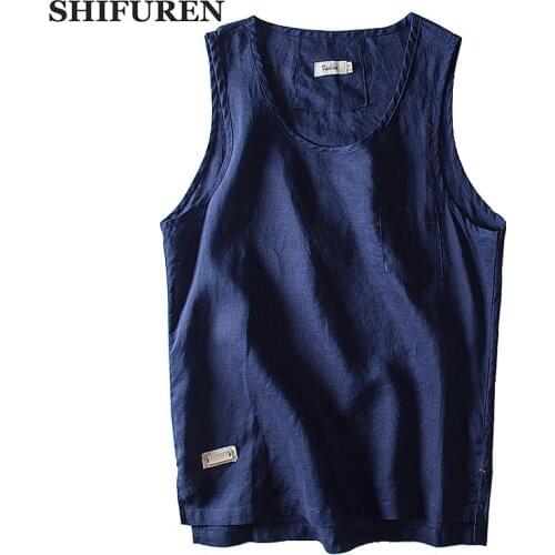 SHIFUREN New Summer Men Sleeveless Shirts Soft Breathable Linen Cotton Tanks Male Causal Tops Tees Solid Color Big Size M-XXXL