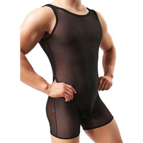 Sexy Men Undershirt Leotard Mesh Transparent Sheer Bodysuits Shorts Wrestling Singlet Jumpsuits Slip Homme Fishnet Gay Underwear