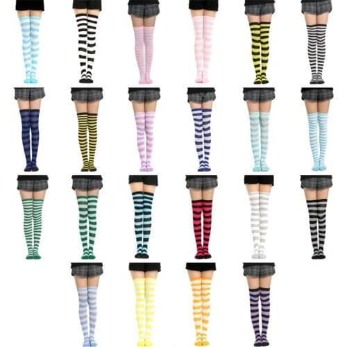 Women Girls Knitted Cosplay Long Contrast Color Stripes Over Knee Thigh High Stocking Fancy Dress Halloween Party Costume