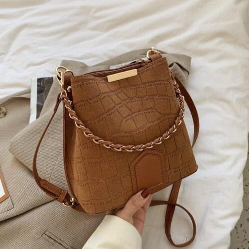 Womens Large-Capacity Bucket Bag Trendy Fashion Texture Retro PU Shoulder Bag Pure Color Handbag Korean Version
