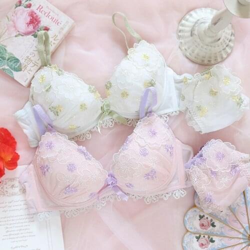 Embroidered sweet flowers naturally gathered bra set girl underwire plus size women underwear sexy lace push up lingerie