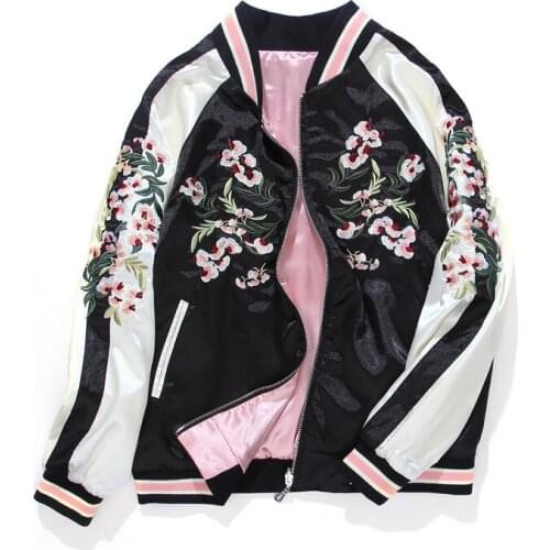 High quality Both sides wear long-sleeved Spring BF embroidery satin baseball uniform Korean women loose embroidered jacket TB1