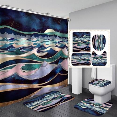 3D Ocean Wave Art Oil Painting Print Curtain Waterproof Shower Curtains Polyester Washable Home Decoration Curtain with Hook