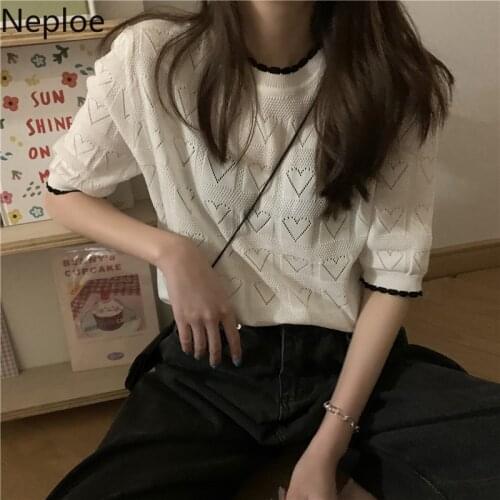 Neploe Womens T-shirts O Neck Short Sleeve Knitted Tops Summer Korean 2021 New Loose Solid Pullover Hollow Out Tees Shirt Femme