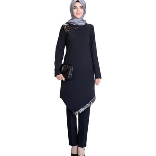 4XL Plus Size Muslim Dress Set Women Two Piece Suit Robes Tops And Pants Outfits 2021 New Sequins Muslim Fashion Party Women Set