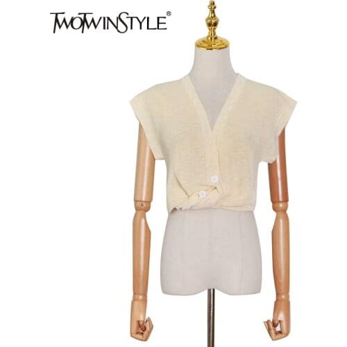 TWOTWINSTYLE Minimalist Black Vest For Women V Neck Sleeveless Casual Patchwork Knitted Tops Female Fashion New Clothing 2021