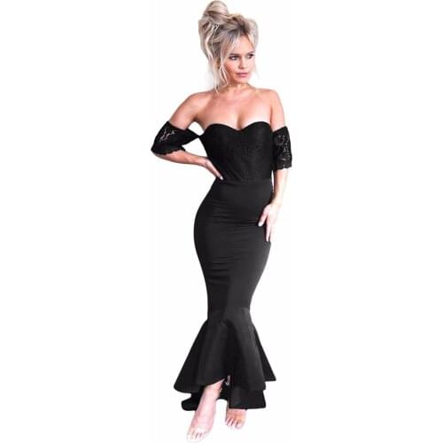 Women Elegant Lace Embellished Strapless Maxi Dress Fitted Bodice Stretch Bodycon Sexy Club Party Mermaid Dress