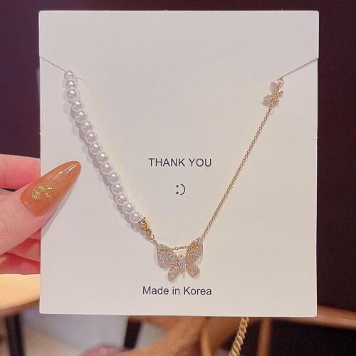 Korean Style Birthday Christmas Lover Titanium Steel Pearl Butterfly Necklace Womens Fashion Temperament Clavicle Chain