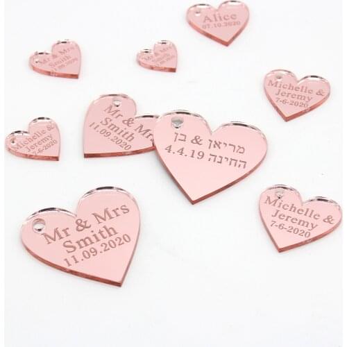 100 Personalized Engraved Love Hearts Rose gold / Gold / Silver Mirror / Wood Tags Wedding Party Table Centerpieces Decor Favors