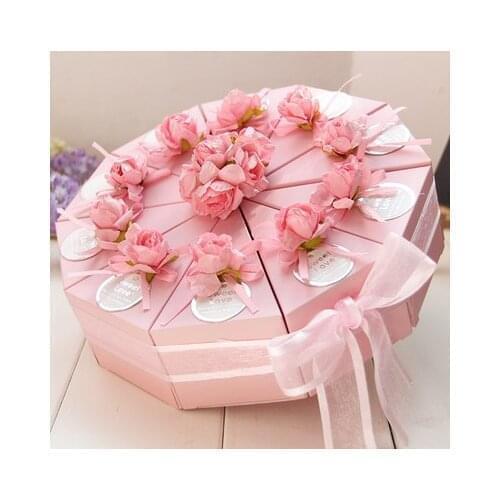 20pcs Pink / Purple Triangular Cake Style Wedding Favors Candy Boxes Party Gift Box With Faux Flowers Ribbons Tags