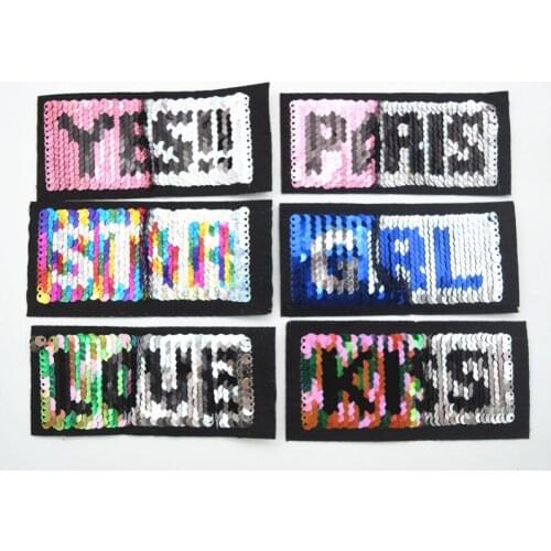 60pcs Letter girl kiss star pari loveMagic Reversible Sequins iron on patch reverse transfer applique badge for clothes and bag