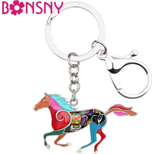 Bonsny Enamel Alloy Elegant Running Horse Key Chain Keychains Rings Fashion Animal Jewelry For Women Girl Bag Car Pendant Charms