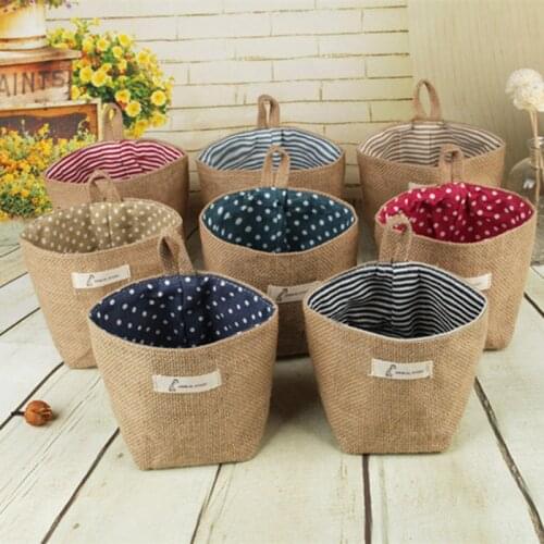 Cotton Household Storage Basket For Art Flower Pot Linen Small Hanging Jute Dot Striped Sack Storage For Garden Small Tools