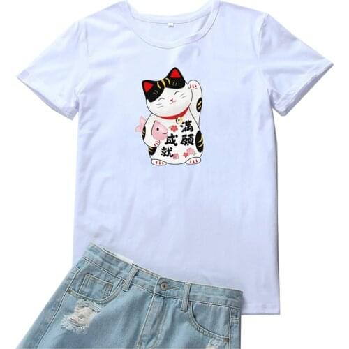 Full of Achievements T Shirt Women Cute Cat Pattern Women Tshirt Fashion Kawaii Clothe Femme T-shirts Round Neck Camiseta Mujer