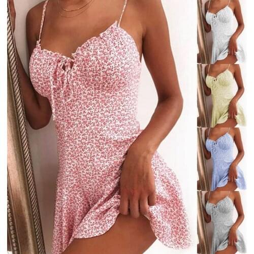 #H40 Summer Tie Front V Neck Elegant Sexy Floral Mini Dress Women Off Shoulder Ruffle Party Dress Femme Backless A-Line Dresses