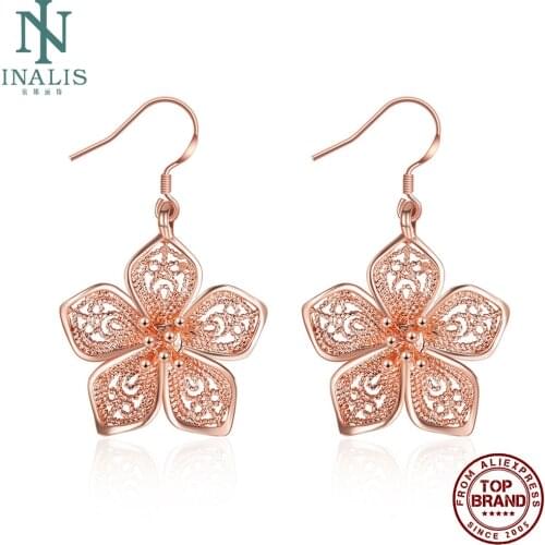 INALIS Hollow Rose Gold Color Flower Drop Earrings For Women Girl Romantic Earring Wedding Engagement Fashion Jewelry Recommend