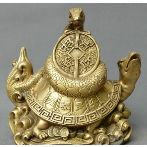 Chinese fengshui old bronze god beast turtle snake money amass fortunes statue